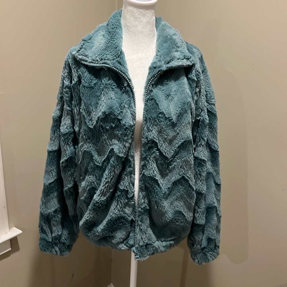 Urban Outfitters teal faux fur bomber jacket